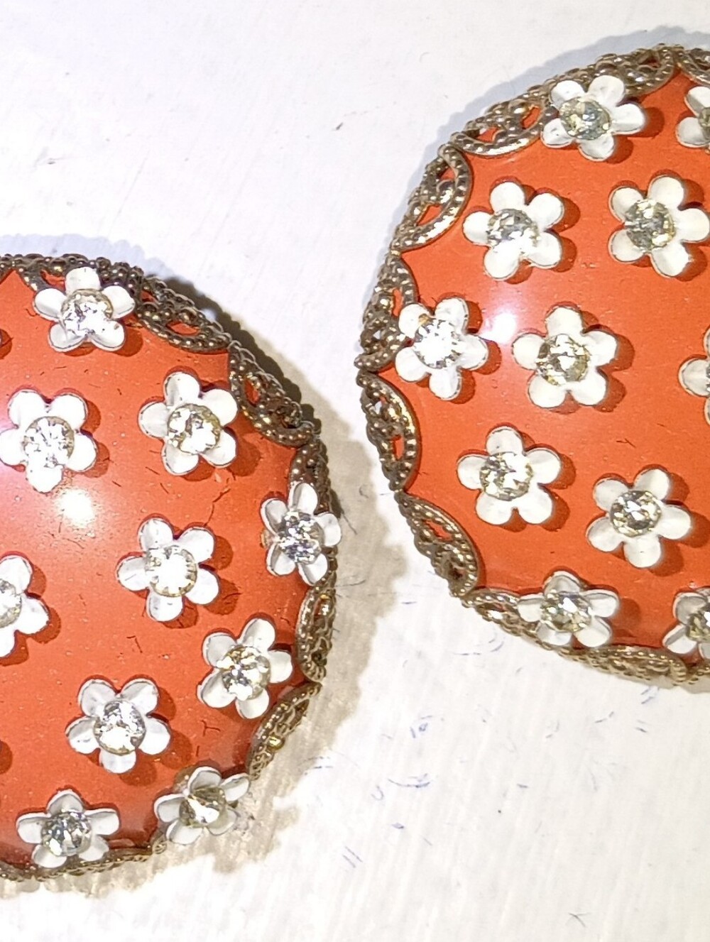 Vintage 3D Floral Button Earrings Coral W Rhinestone Flowers.